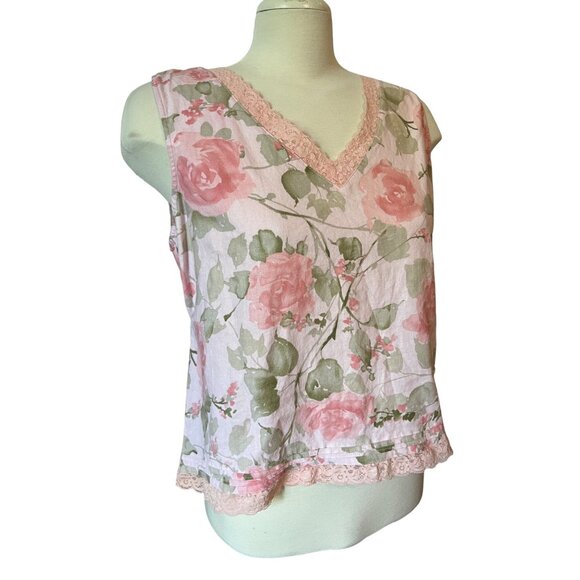 Vintage 90's Norton Studio Linen & Lace Blouse Sz Large Womens Pink Floral Tank - Picture 4 of 8